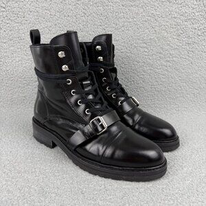 All Saints Black Leather Combat Boots with Buckle